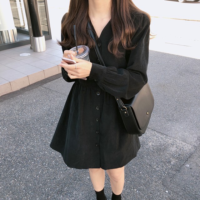 レディース 秋 冬 黒 ブラウン 長袖 カジュアル レトロ ハイウェスト ワンピース シャツワンピース Aラインワンピース Vネック スカート 膝上 シンプル カジュアル おしゃれ 大人可愛い Kirihara