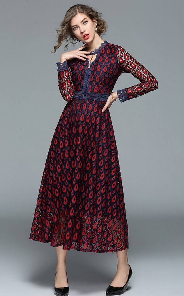 パーティードレス 孔雀羽模様柄 レース Vネック ハイウエスト 長袖 スリム 薄手 ロングスカート フォーマルドレス 二次会 Shop Suba