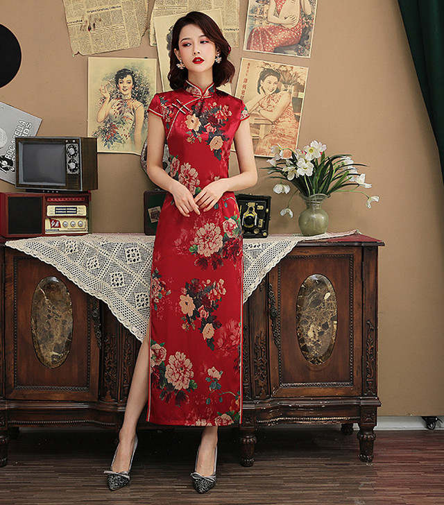 チャイナドレス ロング Cf195 レッド 赤 チャイナ服 花柄 大きいサイズ ワンピース スリット 半袖 セクシーチャイナ服 仮装 花様年華 二胡 民族衣装 ハロウィン 演奏会 発表会 結婚式 コスプレ ドレス パーティー クリスマス イベント Mondo Shop 今 送料無料