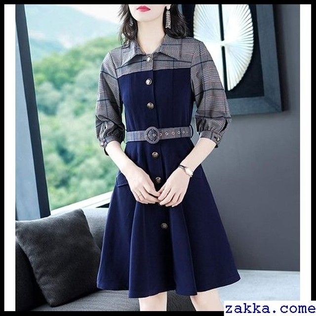 英国風 フロントボタン オフィス ママ フレア お嬢様 襟 Aライン ワンピースドレス ベルト付き Kkk