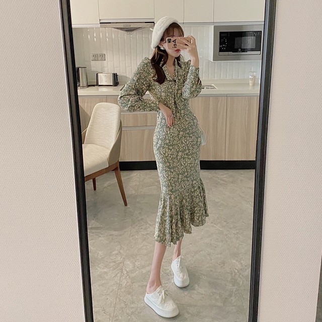 Vネック フラワーワンピース フィッシュテール ハイウエスト ワンピース ドレス ミドル丈 きれいめ 韓国 ２カラー 414 Select Shop E Bellissimo