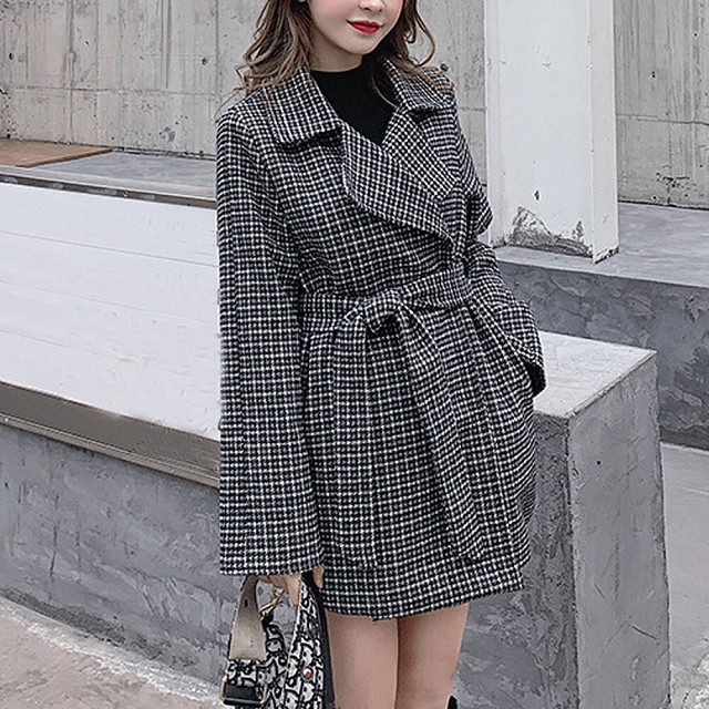 即納 チェック柄 ベルト付き ジャケット ロング丈 テーラード 上着 トレンチコート ピーコート レディース アウター M L 黒 ブラック Ns 1018 Daily Closet