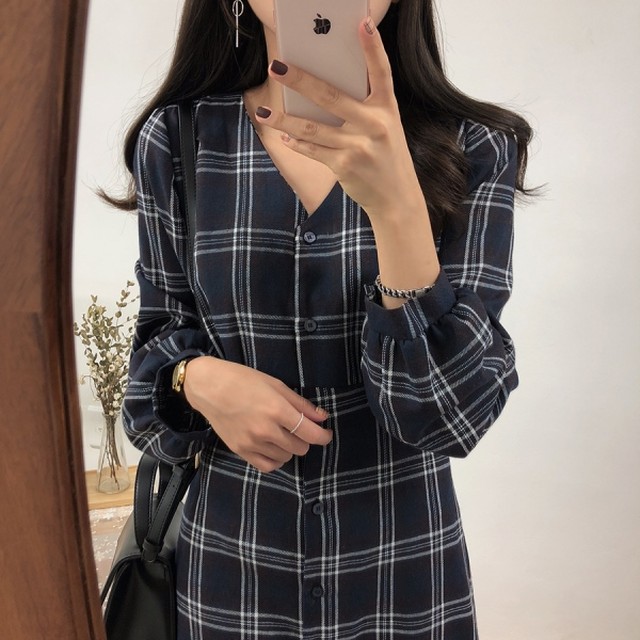 チェック ワンピース 秋冬 レディース Vネック シャツワンピース 韓国 ファッション レディース ノーカラー フレア ロングワンピース タータンチェック ワンピ ベージュ ネイビー チェック柄ワンピース Vestito