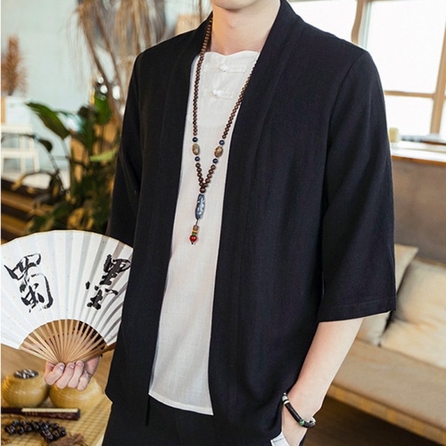 No 7710 L ブラック メンズ 綿麻 甚平 風 カーディガン メンズ アウター 羽織り 七分袖 リネン 浴衣風 無地 和風 カジュアル トップス 春夏秋 花火大会 お祭り おしゃれ 父の日 Next Dream