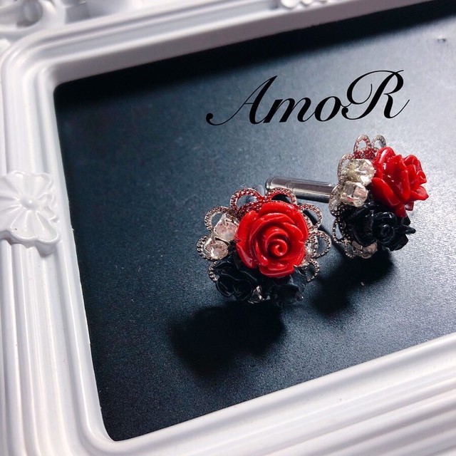 カフスボタン シルバー 赤薔薇 黒薔薇 Chatnoir Amor