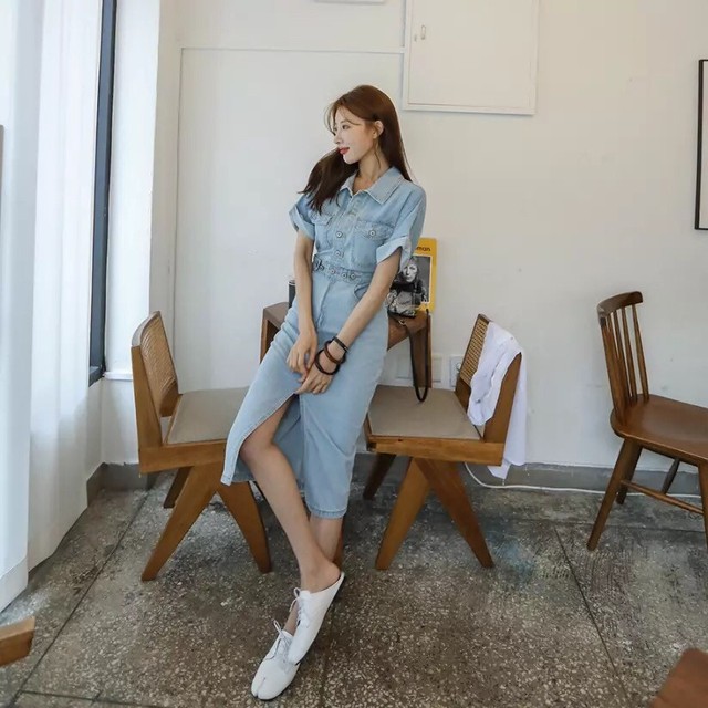 Op6 送料無料 Sexy バックシャン フロントスリット デニムワンピース 長袖ワンピース 半袖ワンピース ウエストマークワンピース 春服 春 ワンピース データ 女子会 記念日 イベント フェス 膝下ワンピース ロングワンピース ロングワンピ ミドル丈ワンピース ミドル丈