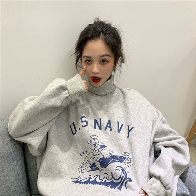 ファッション ゆったり 韓国ファッション 厚手 ハイネック 長袖 プリント パーカー トップス 75shops