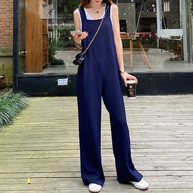 サロペットパンツ パンツ オーバーオール ロング丈 カジュアル おしゃれ 夏 レディース オールインワン 可愛い シンプル 体型カバー ゆったり 春 春夏 秋 ベーシック かっこいい フェミニン リラックス 大きいサイズ ネイビー ブルー 代 30代 40代 50代 Like Fashion