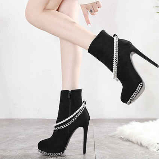 10 Off Sale ブーツ レディース ショート ハイヒール ピンヒール 13cmヒール スェード調 Jewel ジュエル パールチェーン ショートブーツ ドレスショップjewel