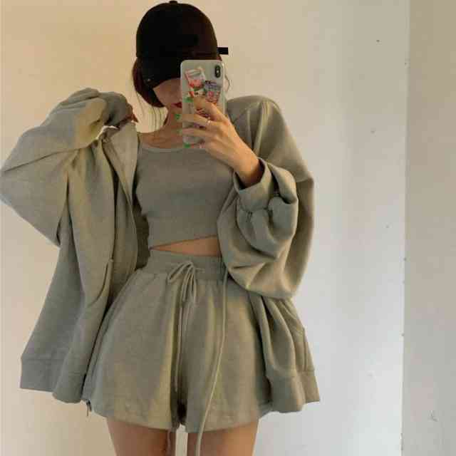 セットアップ レディース カジュアル 上下セット 春 夏 3点セット フード付きトレーニング 単色 キャミソール ショートパンツ パーカー おすすめ 安い Sns映え 美脚効果 足長 フェミニン ベーシック エレガント モノトーン ガーリー ナチュラル 旅行 お出かけ Ol シンプル