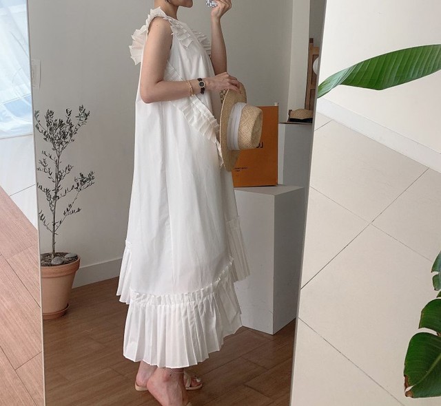 ロングワンピース レディース 春夏 秋冬 春 夏 秋 冬 白 ノースリーブワンピース ゆったり ノースリーブ フリルワンピース プリーツ マキシワンピース フリル 楽チン ホワイト オフィスカジュアル きれいめ Ol 10代 代 30代 C Oss0024 My Charm マイチャーム