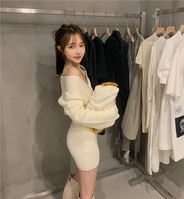 大人セクシー オフショル風 深vネック レディース シンプル カジュアル ニットワンピース ミニワンピース 長袖 ゆるニット 美シルエット 秋冬 デート 女子会 Ptnym3440 Shop Suba