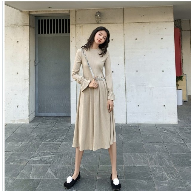 レディース ワンピース 春夏 Aラインフレアきれいめニットワンピース ピンクベージュ 春夏 ハイネック ハイウェスト Basecamp49