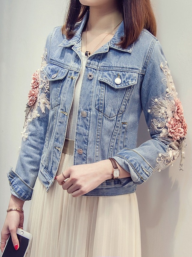 袖コンシャス フラワーデコ デニムジャケット Gジャン 長袖 花飾り Garage Diva 106