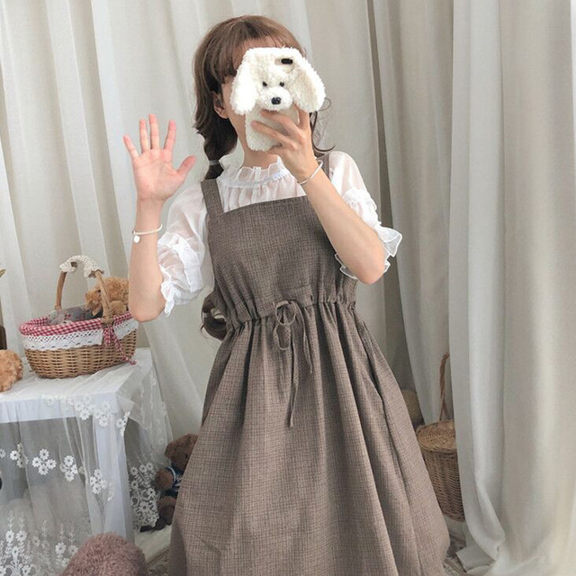 ジャンパースカート ワンピース チェック 格子 ウエストシャーリング レトロ ガーリー 秋 Evergreen