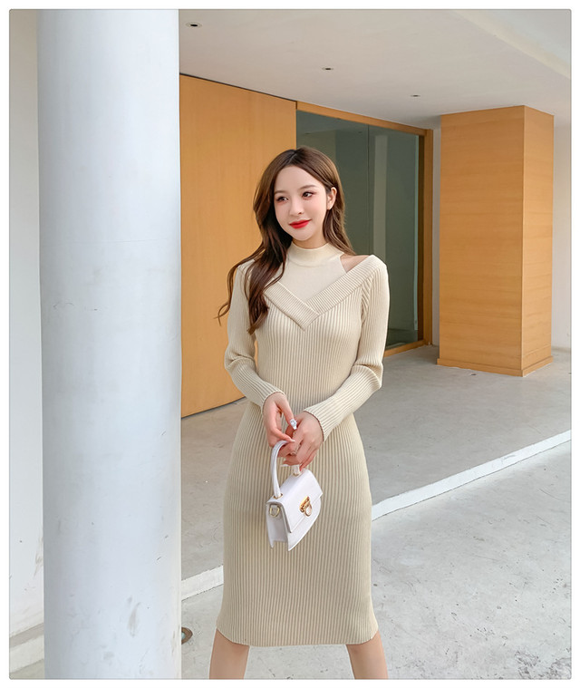 Dress 売り切れ必至ファッション肩出し韓国系人気デザインニットワンピ3色 Nanastyle