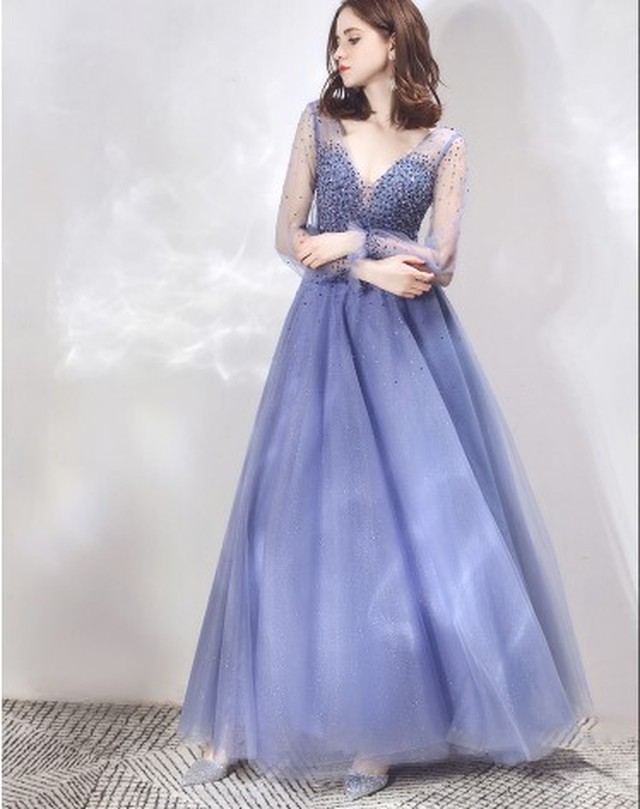 高品質 イブニングドレス 青 ブルー ロング シースルー袖 深vネックド エレガント 細見えシルエット Cinderelladress