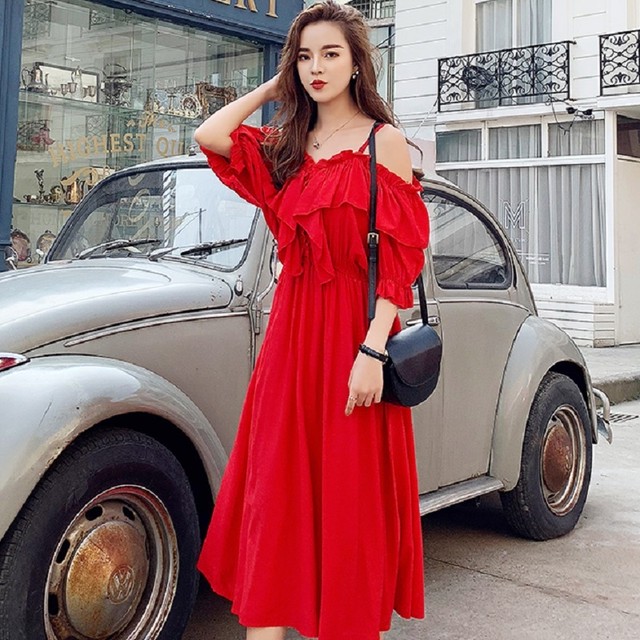 ワンピース ポリエステル ひざ丈 オフショルダー 七分袖 ボリューム袖 無地 ゆったり フレア フェミニン 春夏 トレンド 大きいサイズ Lop 0161 大きいサイズ専門店キャンディポップ