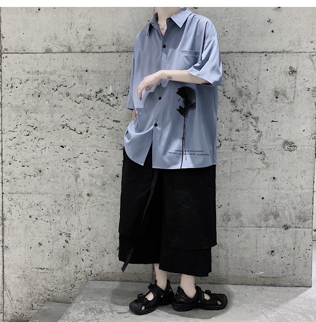 Unisex 4color 薔薇 モノトーン モード シャツ ブラウス 個性的 ブラウス 大きいサイズ ゴシック パンク ロック ファッション 黒 ブラック ブルー 青 ホワイト 白 グレー Dm1 Top Mode