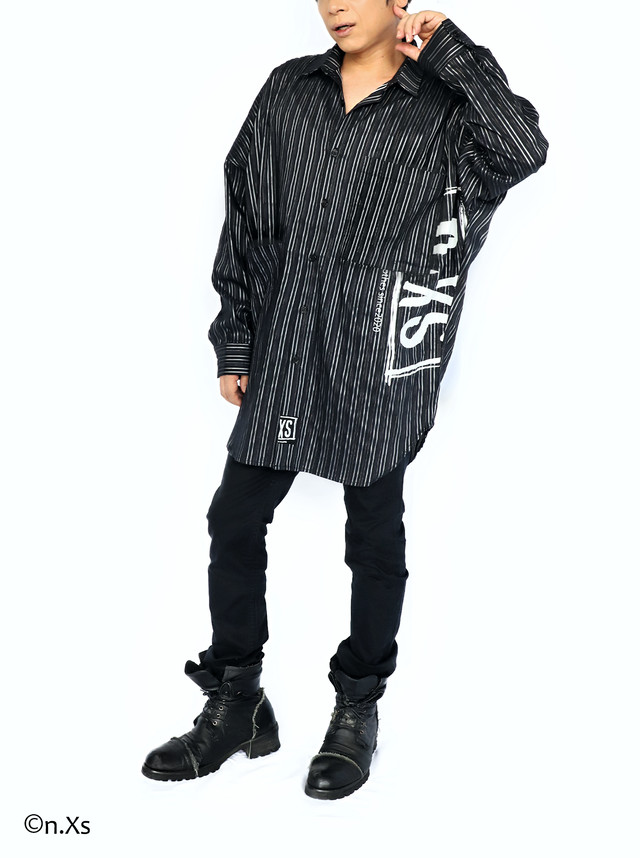 リラックスフィットシャツ タータンストライプ BLACK&SILVER