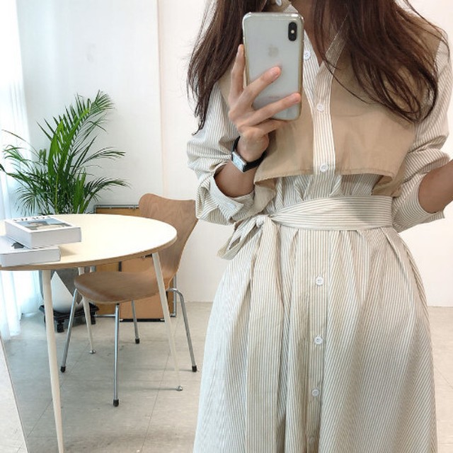 ワンピース ベージュ ベスト重ね着風 シック フレアスカート カジュアル ハイウエスト長袖 ポロカラー ロング丈 夏 ２０代 ３０代 ４０代 くすみカラー Rb R3 09 Sa04 0036 Redbell