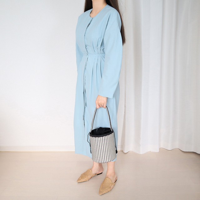 Elin 即納 ベルト付きボリュームワンピース タックロング レディースマキシ丈無地ワンピース ブルー Fashion Is Art