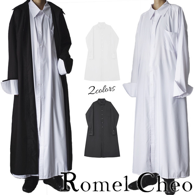 Romelcheo マキシ丈 ロング シャツ トールサイズ 白シャツ 黒シャツ モノトーン メンズ レディース ユニセックス ストリート モード系 V系 ロック 無地 長袖 きれいめ シンプル ゆったり ビッグシルエット サイド バック スリット ロメルチェオ Romelcheo