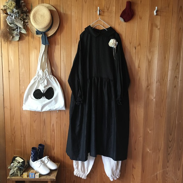 ハンドメイド リネン 丸衿ワンピース ブラック Uta Seisakusyo