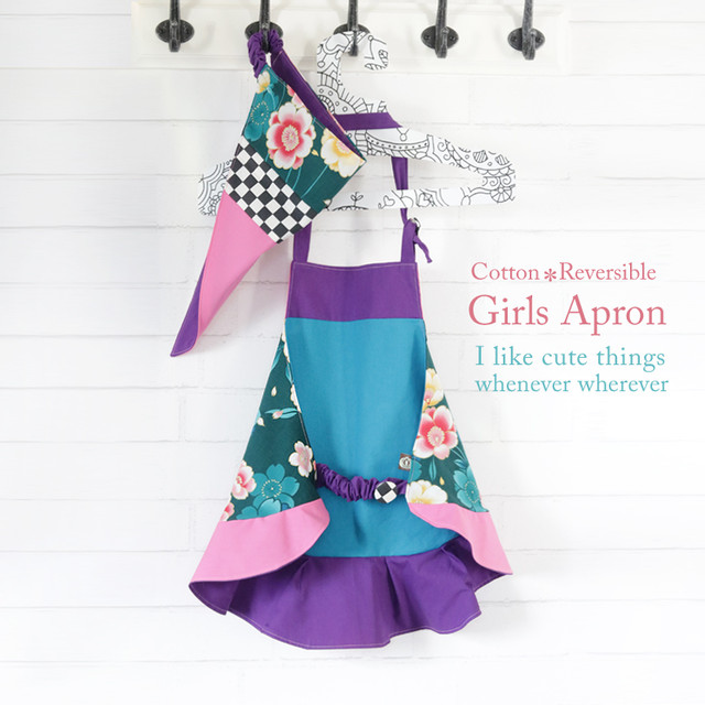 キッズ エプロン 三角巾付き リバーシブル 和柄 女の子 エプロン フリル ピンク N Wald えぬわるど ママとこども用 ハンドメイドの エプロン屋さん