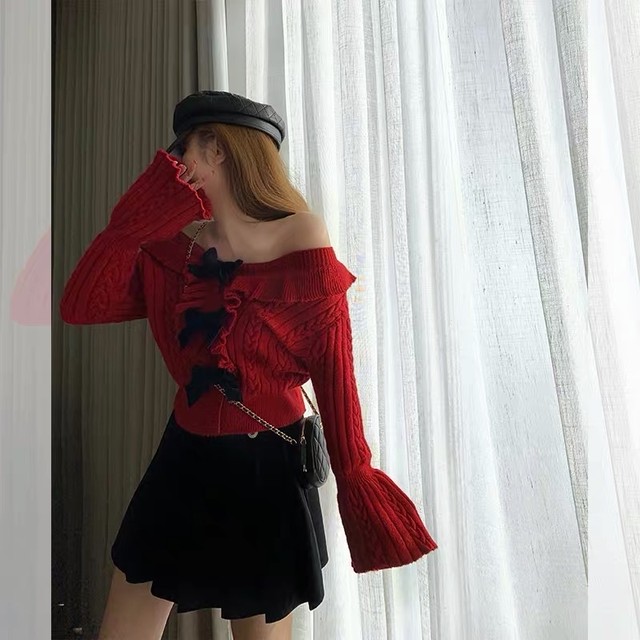 off shoulder ribbon knit