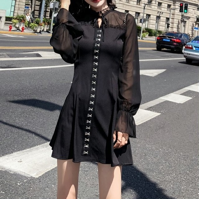 リボンタイ ミニドレス ベルスリーブ フリル プリンセスライン ワンピース 透け感 長袖 10代 代 30代 結婚式 二次会 お呼ばれ パーティー レディース R0116 Aeka Clothet Partydress