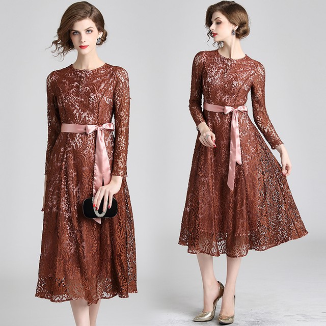 イチオシ 長袖 レースワンピース ミモレ丈ドレス ワンピースドレス ウエストリボン カジュアル パーティー 二次会 お呼ばれ 発表会 Shop Suba