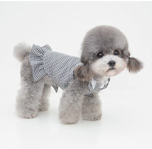 コットン ギンガムチェック リボン付き フリル ワンピース 犬用 犬服 Tanu Maison