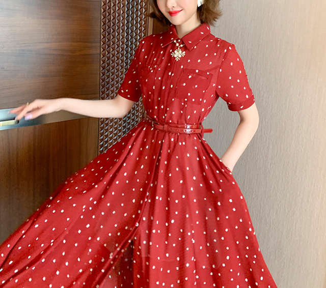 One Piece Polka Dot Retro ワンピース レトロ ドット柄 水玉 ロング丈 マキシ丈 半袖 フロントスリット 襟付き きれいめ エレガント 透け感 ハイウエスト ベルト ボタン 2色展開 ネイビー レッド おしゃれ セクシー 大人 カジュアル お出かけ リゾート お呼ばれ お食事会