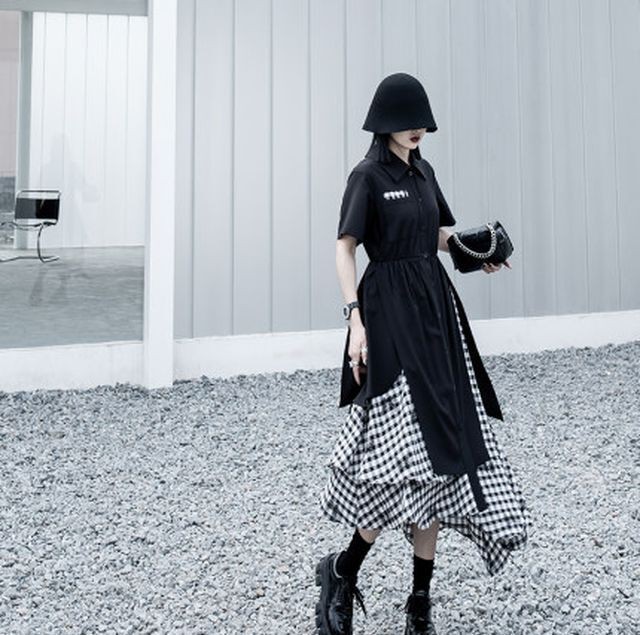 レディース ワンピース 春 夏 半袖 レイヤード風チェックワンピース シャツワンピース アシンメトリー フェミニン ガーリー 大人ガーリー 大人カジュアル カジュアル 春夏 モード女子 モード系女子 モード スタイリッシュ モダン クール ブラック S Lサイズ Uki Uki