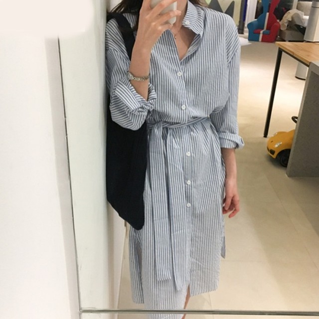 ブルー ストライプ ロングシャツ 長袖 ワンピース ゆったり ロングワンピース ミモレ丈 ウエストリボン 大人かわいい レディース 新作 C 30代 40代の大人の女性向けファッション総合店 Life Is