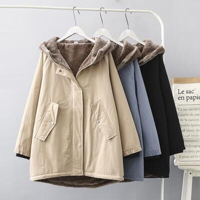 全3色 アウター コート レディース カジュアル きれいめ 冬 大きいサイズ ジャケット フード付き ダウン モッズコート 裏ボア ベルベット かわいい お出かけ 通勤 通学 普段着 ゆったり 体型カバー 防寒 カーキ ブラック グレー Xl 2xl 3xl 4xl 代 30代 40代