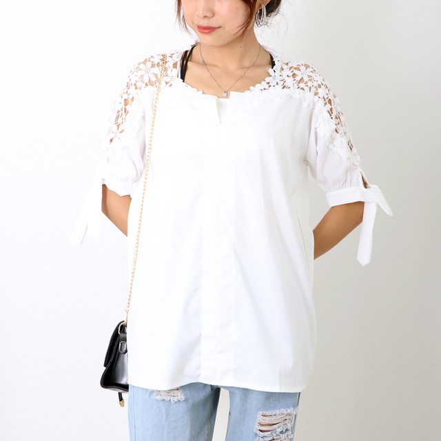 ブラウス フォーマル トップスレディース ブラウス 白 フラワーレース ブラウス レディース 半袖シャツ チュニック Vネック プルオーバー ゆったり ネット通販 購入 激安 10代 代 30代 40代 春 夏 Roprot ロプロット ファッション レディースアパレル販売 ギフト
