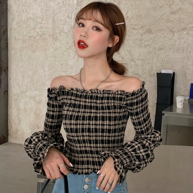 チェック柄 ショート丈 へそ出し ラウス オフショルダー カットソー 肩出し 肩見せ 長袖 胸元ギャザー キャンディースリーブ 大人可愛い 通勤 通学 レディース 取寄 発送目安14 21日営業日 Laff Store 会社情報 納期の確認をお願いします