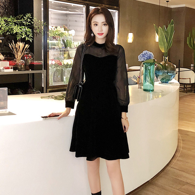 長袖 膝丈 ワンピース ドレス ディナー シンプル ブラック シースルー Aライン キュート お呼ばれ 謝恩会 パーティー フォーマル 二次会 デート C013 Hollys Design Powered By Base