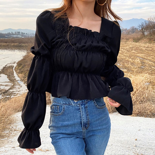 ブラウス レディース 冬 ブラウス レディース 長袖 ブラック 黒 ホワイト 白 フリル フリルトップス ベルスリーブ スクエアネック シンプル 着まわし きれいめ Evergreen