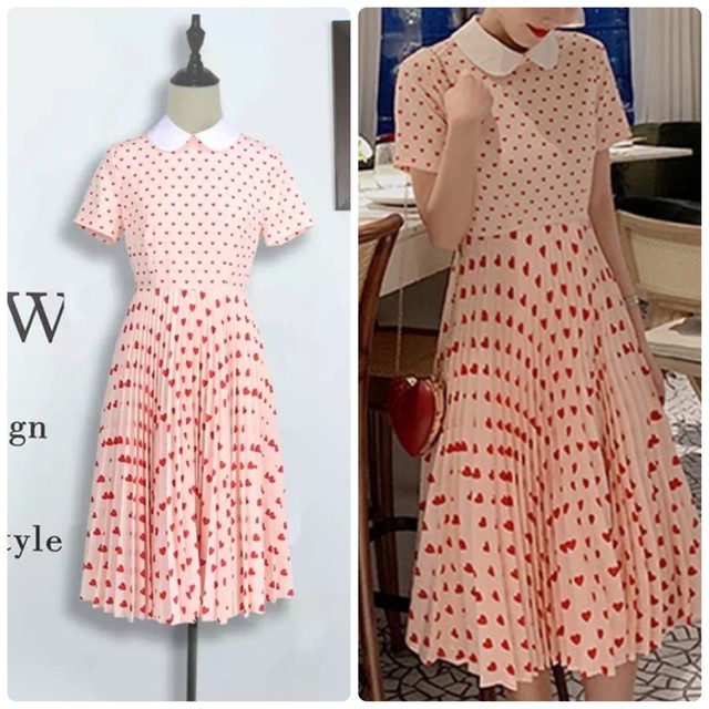 ピンク ワンピース 丸襟 半袖 プリーツ スカート 可愛い ハート 赤 柄 お嬢様 Loveysmileshop