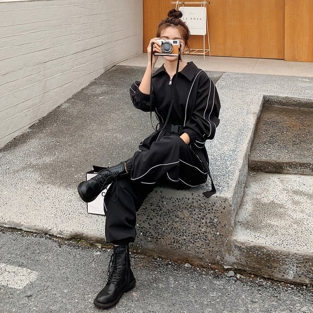 全2色 フロントzipルーズオールインワン ジャンプスーツ ロング丈 カジュアル メンズライク ハンサム 春夏 お出かけ デート 女子会 デイリー 長袖 ハイウエスト ウエストマーク 無地 Arroser