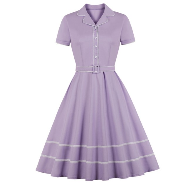 即納 ラベンダーカラーの50年代ロカビリーフレアワンピース イチゴちゃんショップ