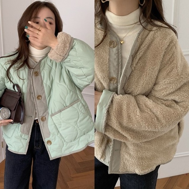 リバーシブル ボア ジャケット ノーカラー レディース 韓国 ファッション 冬 オルチャン ファッション ボア キルティング 2wey ショート ジャケット チェンジ フリース 裏地 2way ノーカラー ブルゾン 冬服 Vestito