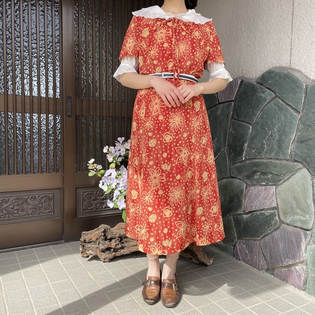 レトワンピース 花柄 古着 昭和レトロ ロング レッド Gm14 古着屋granme