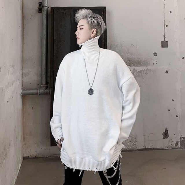 タートルネック ニット セーター ダメージ加工 袖リブ リブネック 裾リブ ルーズフィット オーバーサイズ ブラック ホワイト 黒 白 メンズ レディース ユニセックス ミディアム丈 長袖 ロングスリーブ 韓国 カジュアル モード お支払い後日以内に発送 Top424