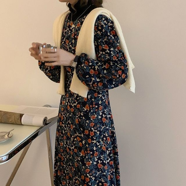 レディース ワンピース 秋冬 長袖 花柄aラインロングワンピース 花柄 ミモレ丈 ロング丈 マキシロング丈 クラシカル レトロ シック フェミニン ガーリー 大人ガーリー 大人カジュアル カジュアル 秋 冬 レッド ブルー S 2xlサイズ Ukiukionepicec