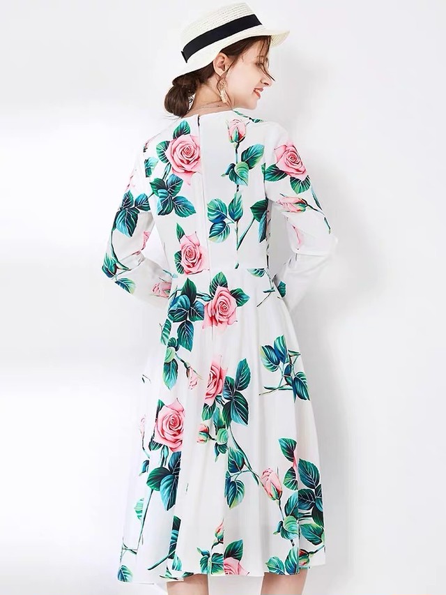 ワンピース 花柄 フラワー ピンク ホワイト 白 エレガント ドレス バラ 薔薇 ローズ フレア Xl Loveysmileshop