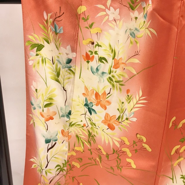 昭和レトロ 朱色 訪問着 袷 秋草花柄 着物457 Donfamily